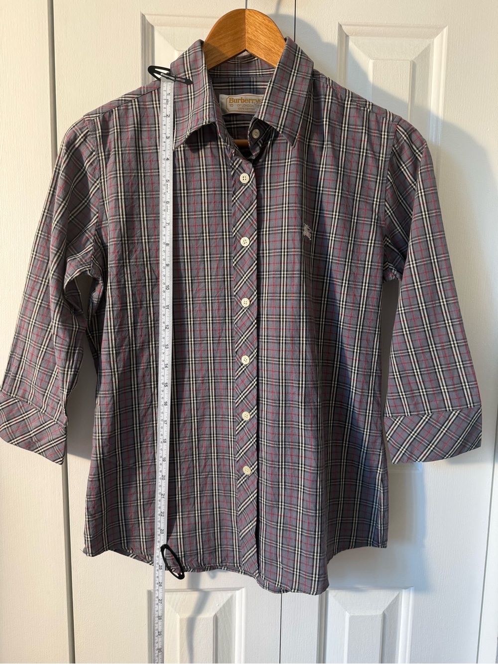 Burberry Plaid Button-Down Shirt in Gray with Pink and Green Accents